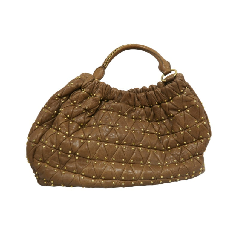 MIU MIU Studded Calf Leather Tote Bag Brown Gold-Tone Hardware