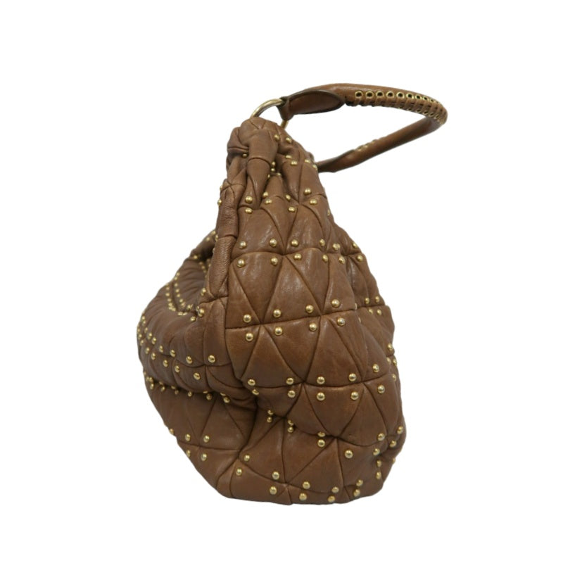 MIU MIU Studded Calf Leather Tote Bag Brown Gold-Tone Hardware