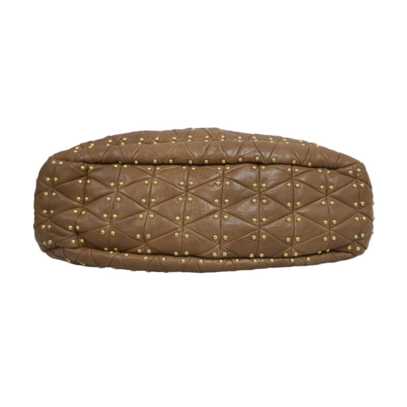MIU MIU Studded Calf Leather Tote Bag Brown Gold-Tone Hardware