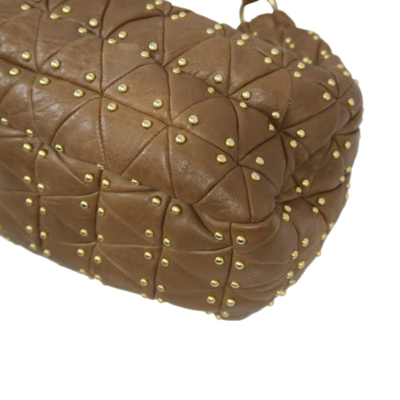 MIU MIU Studded Calf Leather Tote Bag Brown Gold-Tone Hardware