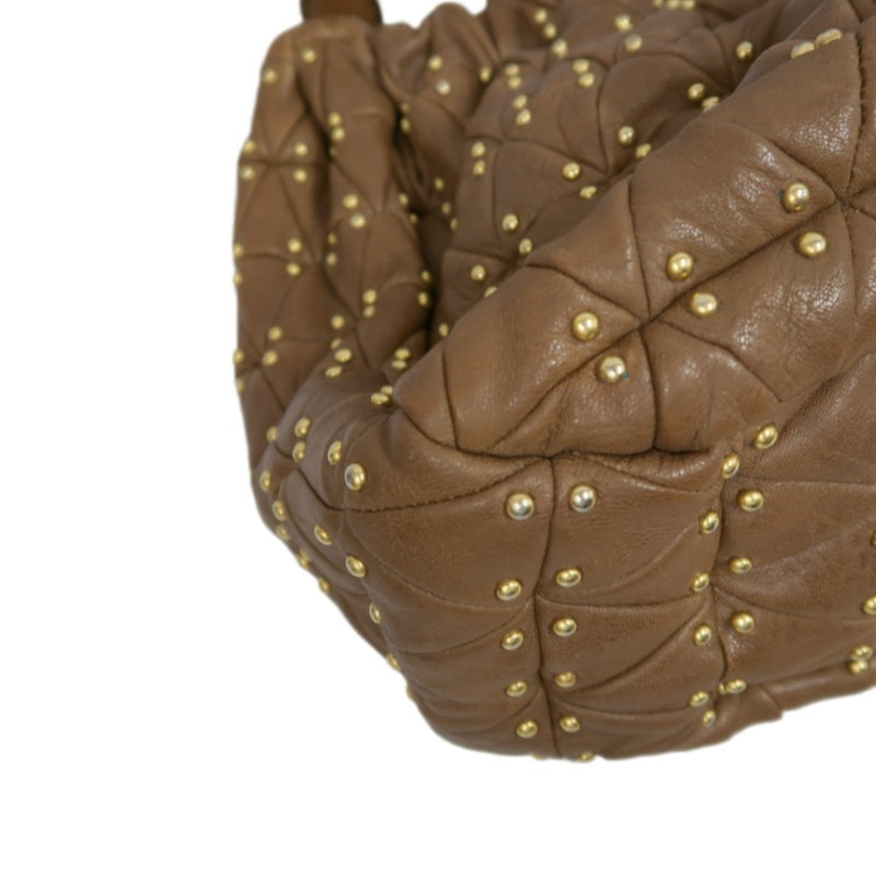 MIU MIU Studded Calf Leather Tote Bag Brown Gold-Tone Hardware
