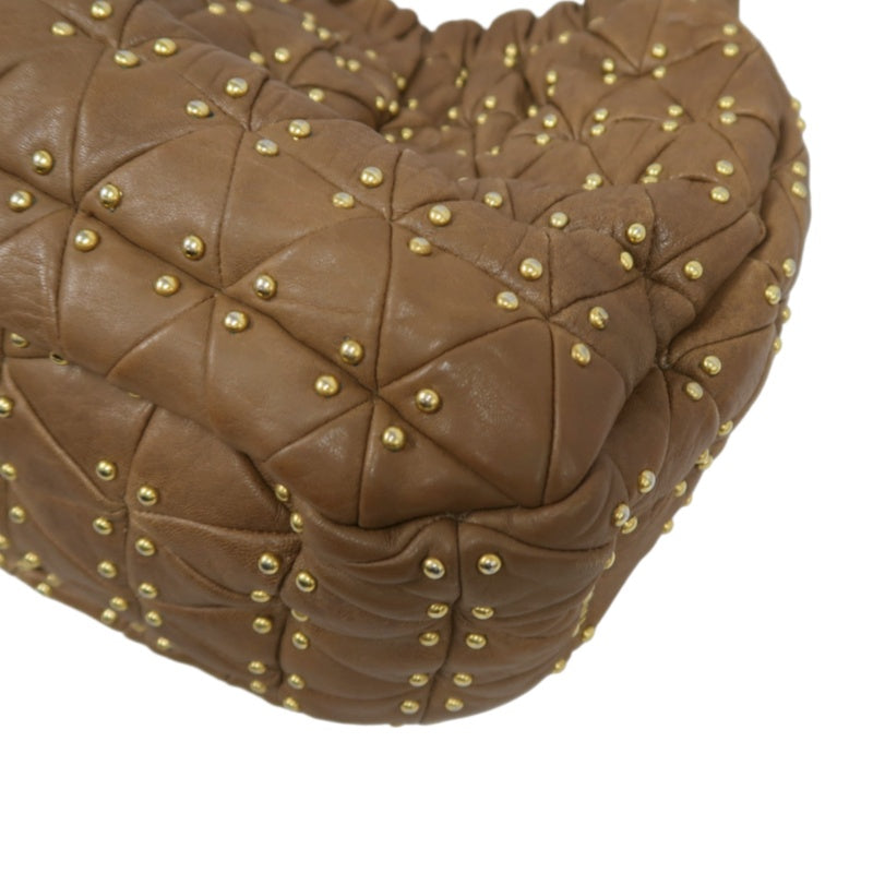 MIU MIU Studded Calf Leather Tote Bag Brown Gold-Tone Hardware
