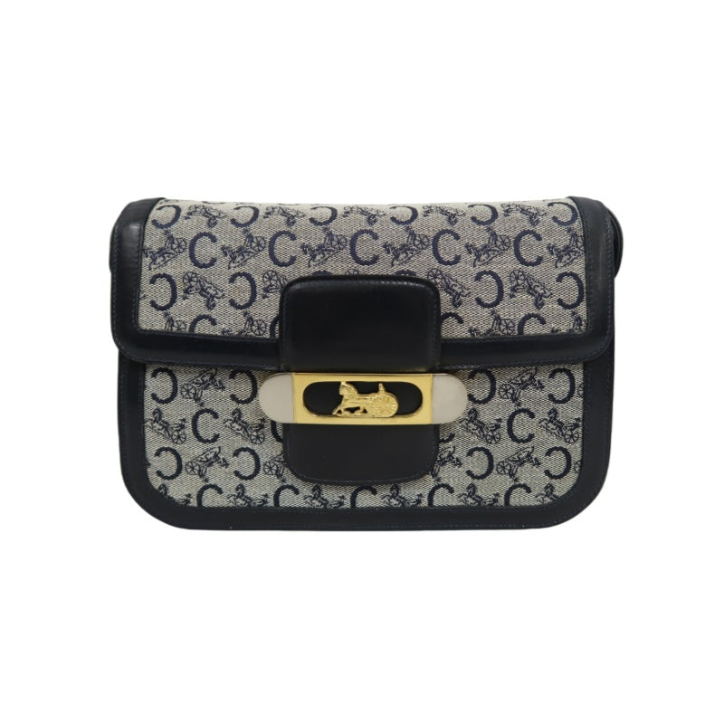 CELINE Macadam Canvas Shoulder Bag Navy Gold-Tone Horse Carriage Hardware