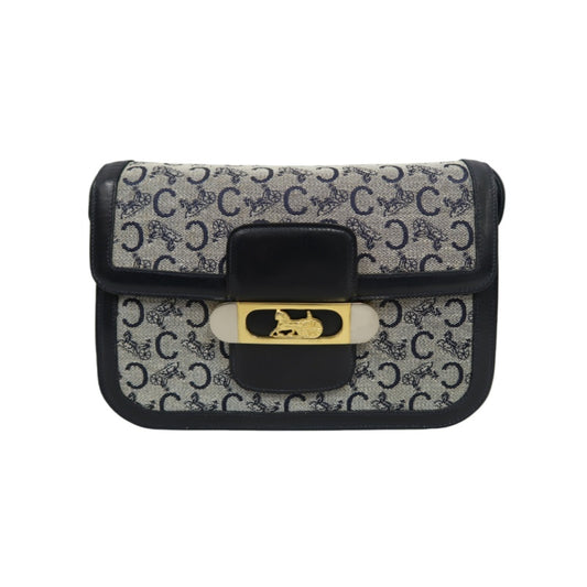 CELINE Macadam Canvas Shoulder Bag Navy Gold-Tone Horse Carriage Hardware