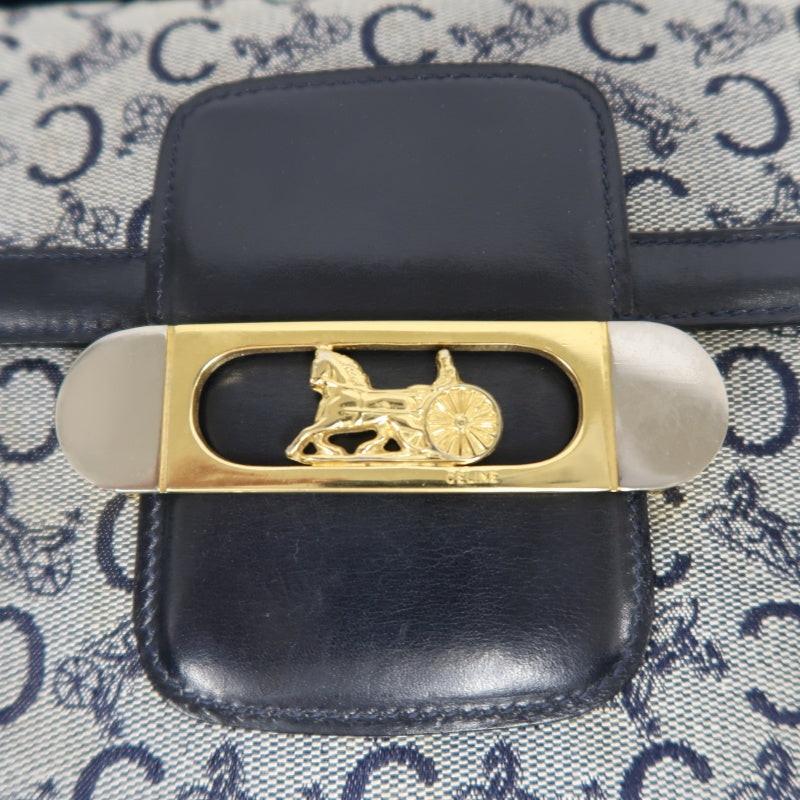 CELINE Macadam Canvas Shoulder Bag Navy Gold-Tone Horse Carriage Hardware