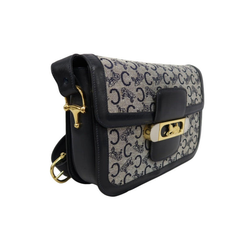 CELINE Macadam Canvas Shoulder Bag Navy Gold-Tone Horse Carriage Hardware