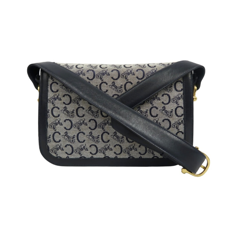 CELINE Macadam Canvas Shoulder Bag Navy Gold-Tone Horse Carriage Hardware