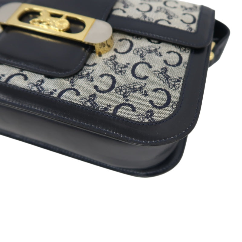 CELINE Macadam Canvas Shoulder Bag Navy Gold-Tone Horse Carriage Hardware