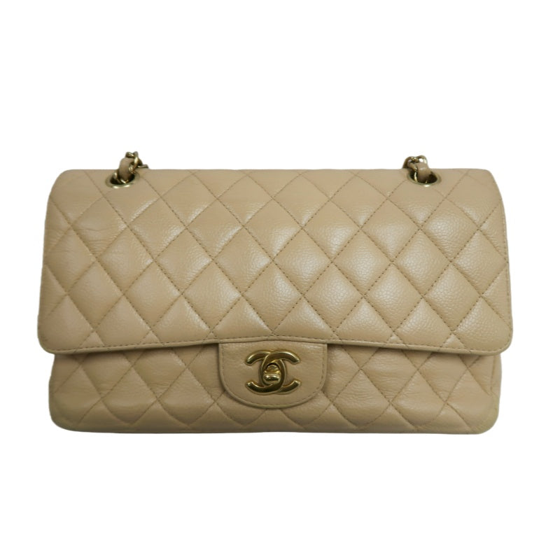 CHANEL Classic Flap CF Caviar Leather Shoulder Bag Beige Gold-Tone Hardware