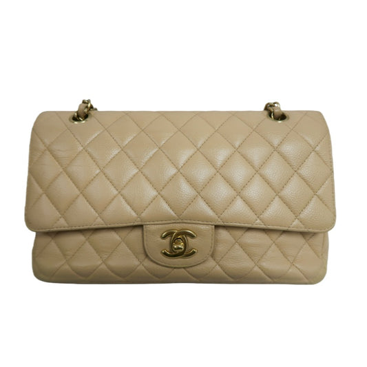 CHANEL Classic Flap CF Caviar Leather Shoulder Bag Beige Gold-Tone Hardware