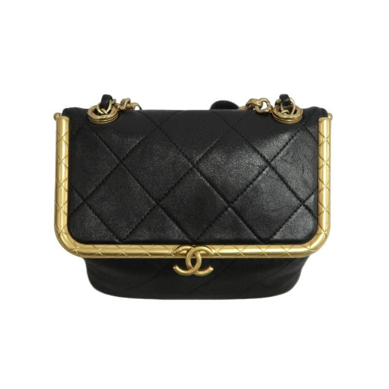 CHANEL Matelasse Lambskin Shoulder Bag Black Gold-Tone Hardware