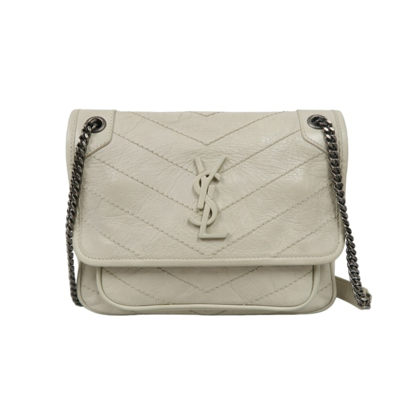 YVES SAINT LAURENT NIKI Leather Shoulder Bag White Dark Silver-Tone Hardware