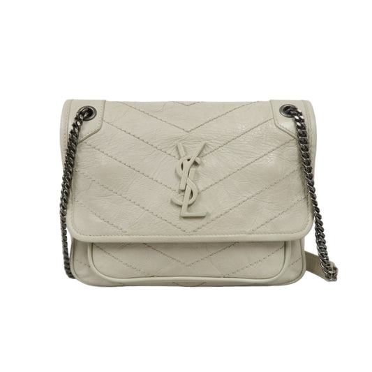 YVES SAINT LAURENT NIKI Leather Shoulder Bag White Dark Silver-Tone Hardware