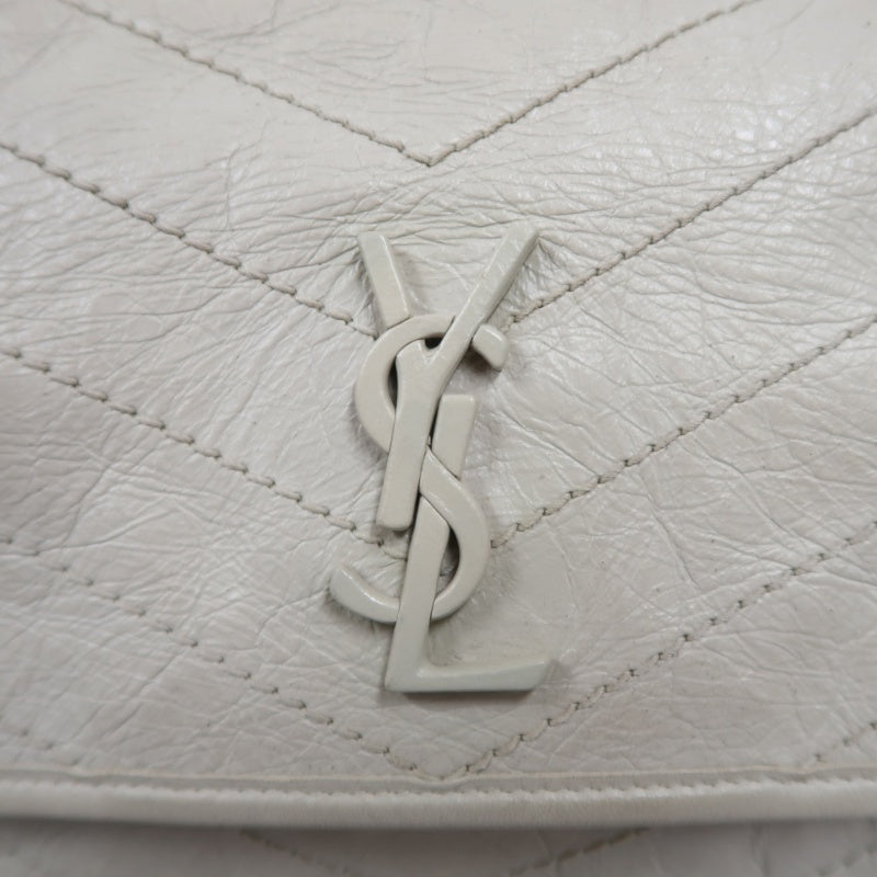 YVES SAINT LAURENT NIKI Leather Shoulder Bag White Dark Silver-Tone Hardware