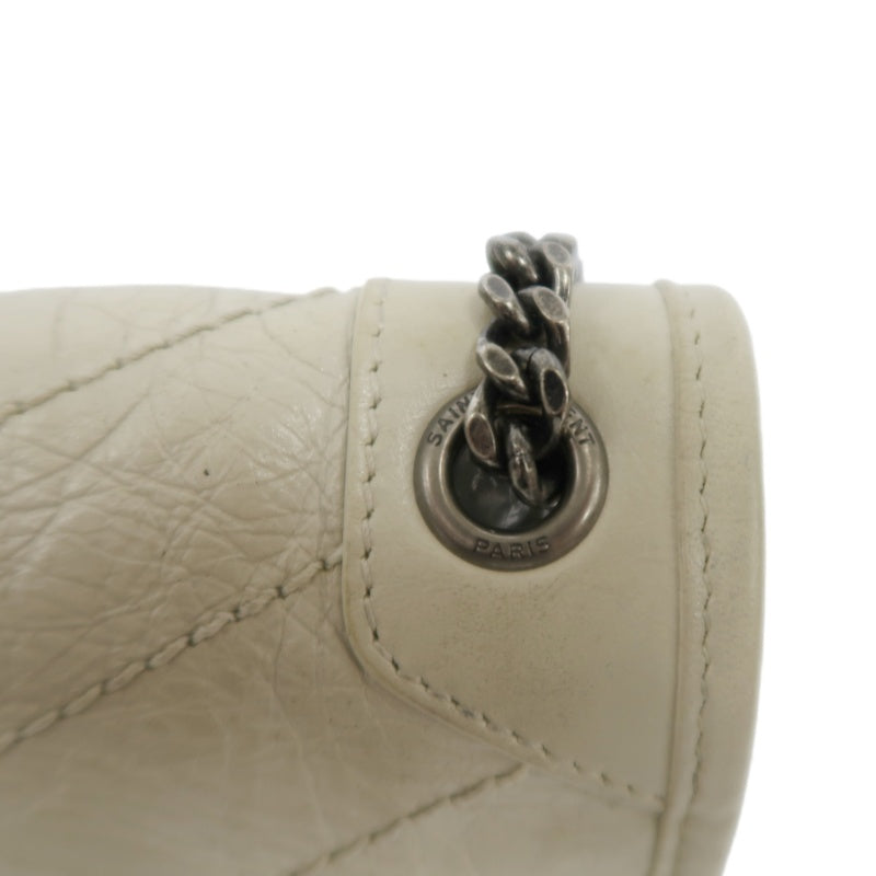 YVES SAINT LAURENT NIKI Leather Shoulder Bag White Dark Silver-Tone Hardware
