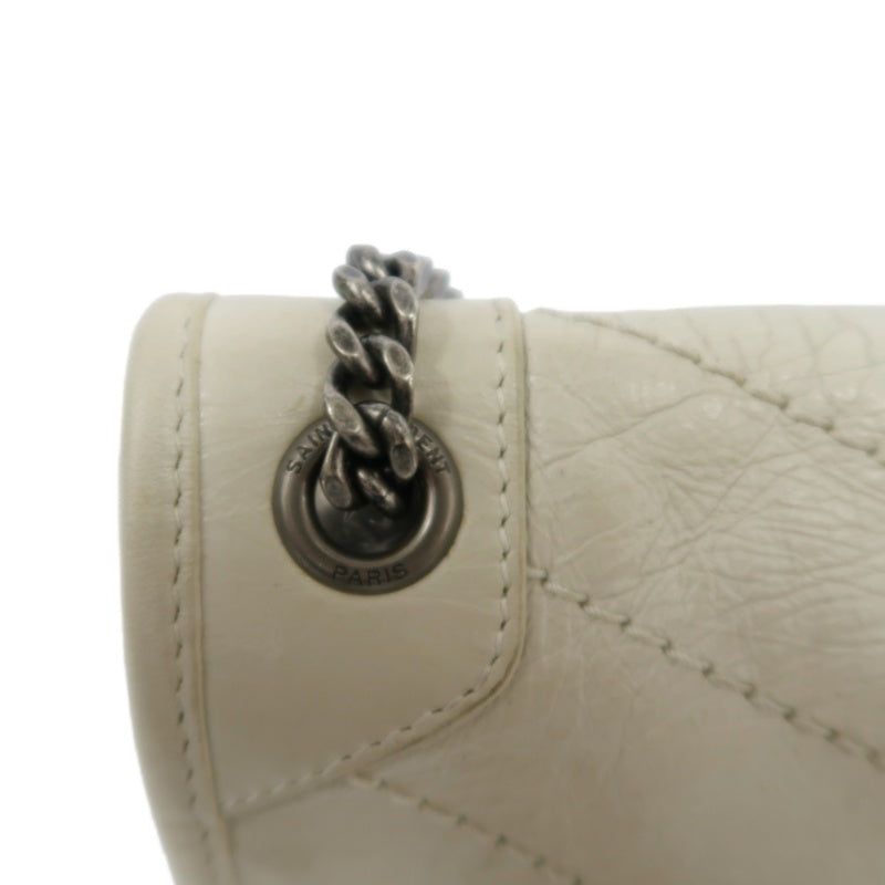YVES SAINT LAURENT NIKI Leather Shoulder Bag White Dark Silver-Tone Hardware