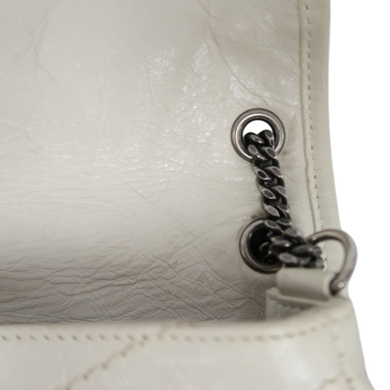 YVES SAINT LAURENT NIKI Leather Shoulder Bag White Dark Silver-Tone Hardware