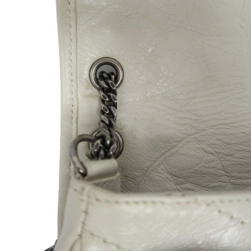 YVES SAINT LAURENT NIKI Leather Shoulder Bag White Dark Silver-Tone Hardware