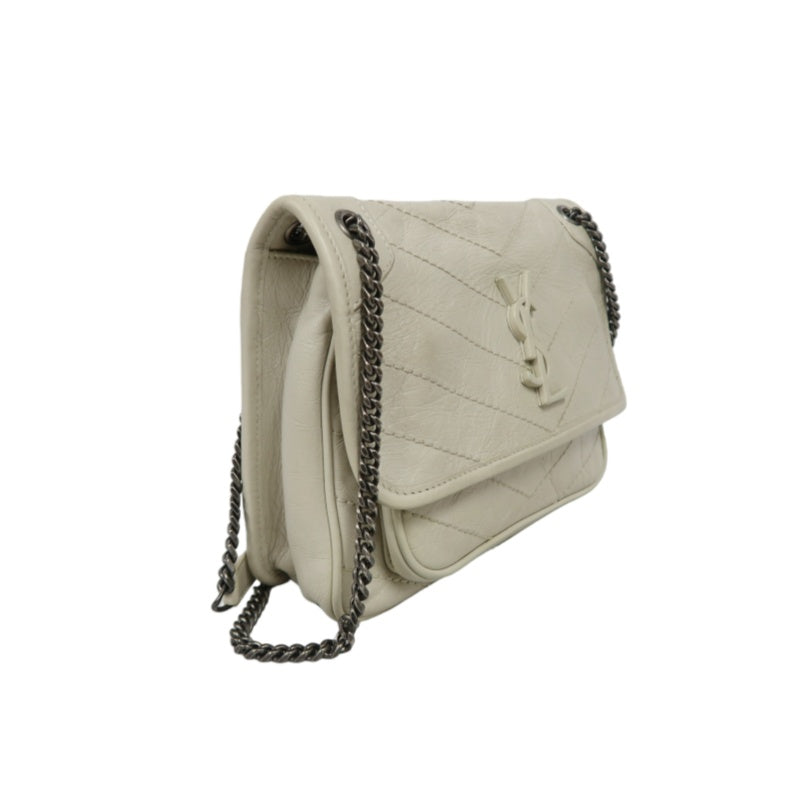 YVES SAINT LAURENT NIKI Leather Shoulder Bag White Dark Silver-Tone Hardware