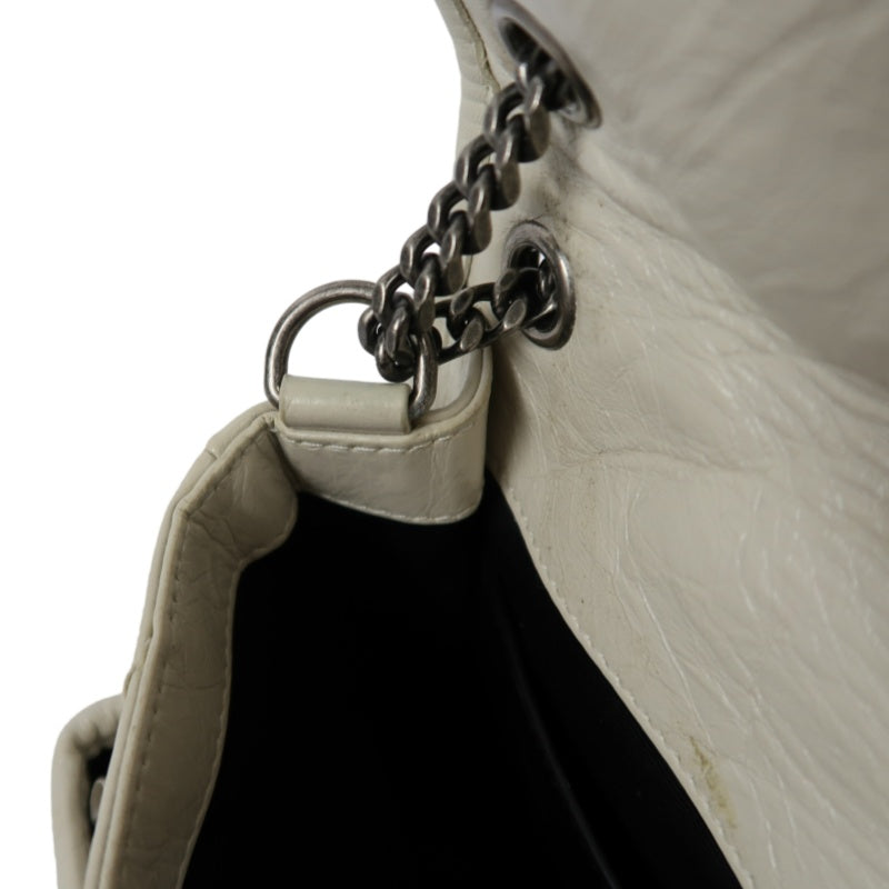 YVES SAINT LAURENT NIKI Leather Shoulder Bag White Dark Silver-Tone Hardware