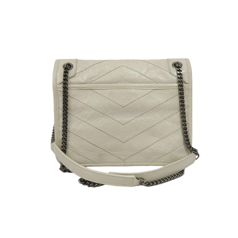 YVES SAINT LAURENT NIKI Leather Shoulder Bag White Dark Silver-Tone Hardware