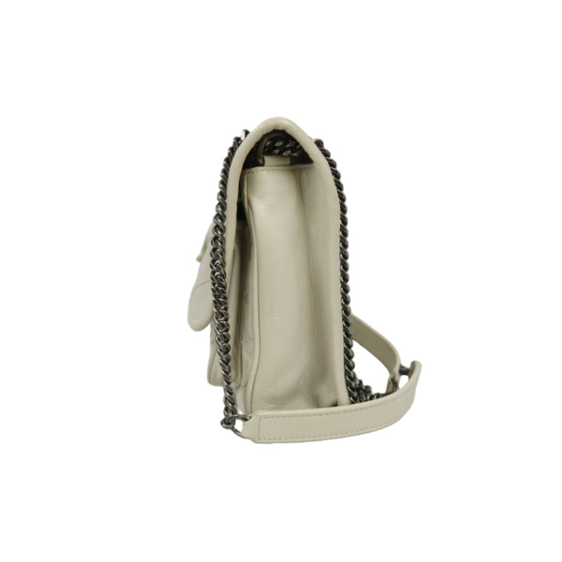 YVES SAINT LAURENT NIKI Leather Shoulder Bag White Dark Silver-Tone Hardware