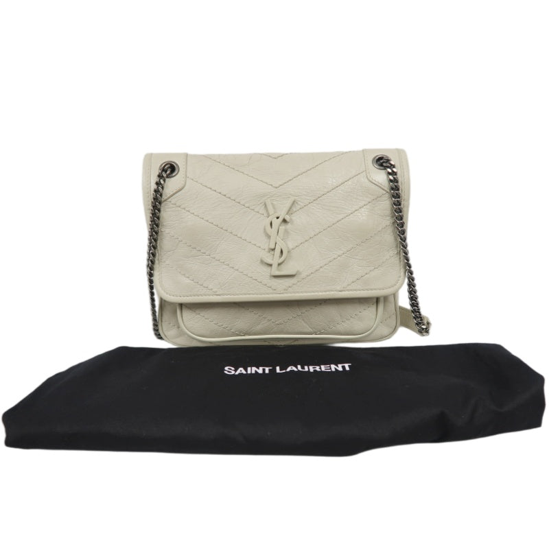 YVES SAINT LAURENT NIKI Leather Shoulder Bag White Dark Silver-Tone Hardware