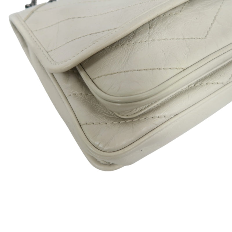 YVES SAINT LAURENT NIKI Leather Shoulder Bag White Dark Silver-Tone Hardware