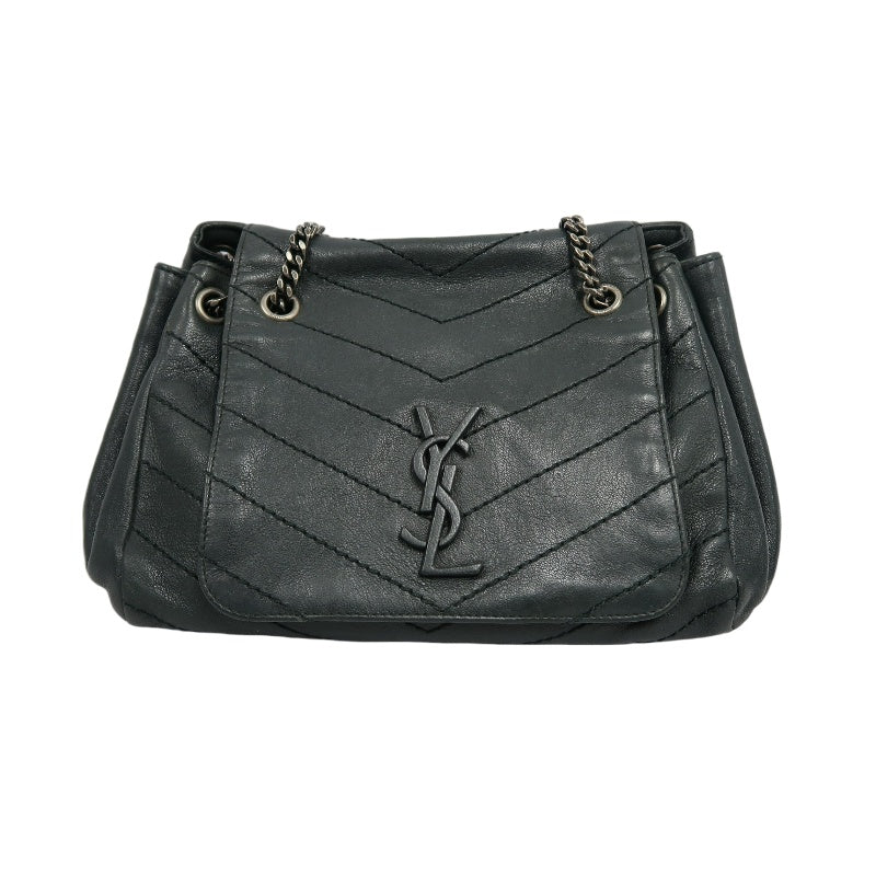 YVES SAINT LAURENT NIKI Leather Shoulder Bag Green Dark Silver-Tone Hardware