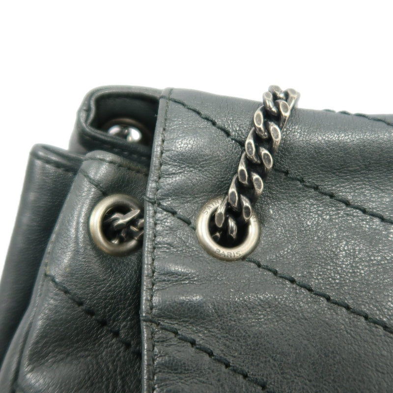 YVES SAINT LAURENT NIKI Leather Shoulder Bag Green Dark Silver-Tone Hardware