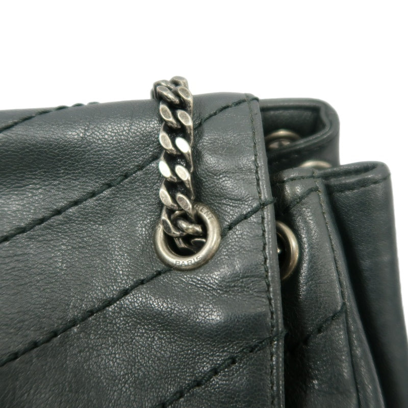 YVES SAINT LAURENT NIKI Leather Shoulder Bag Green Dark Silver-Tone Hardware