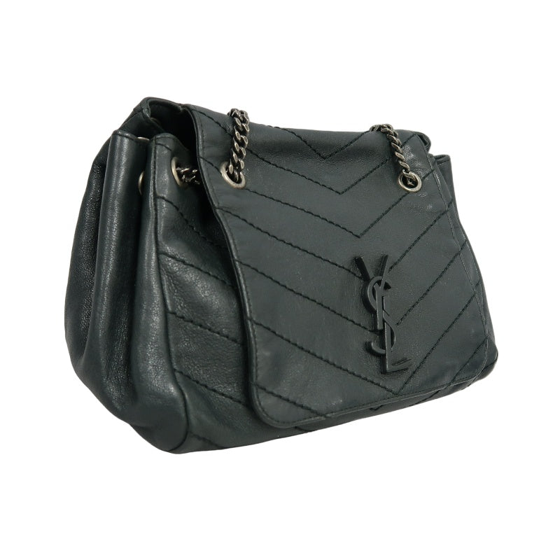 YVES SAINT LAURENT NIKI Leather Shoulder Bag Green Dark Silver-Tone Hardware
