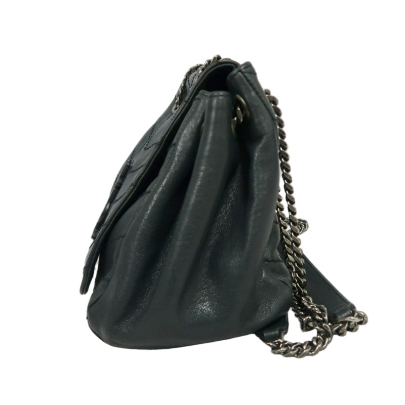 YVES SAINT LAURENT NIKI Leather Shoulder Bag Green Dark Silver-Tone Hardware