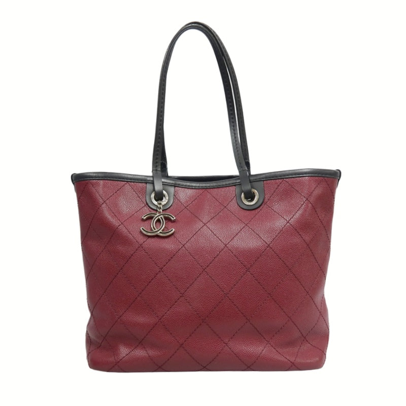CHANEL Wild Stitch Caviar Leather Tote Bag Red Dark Silver-Tone Hardware