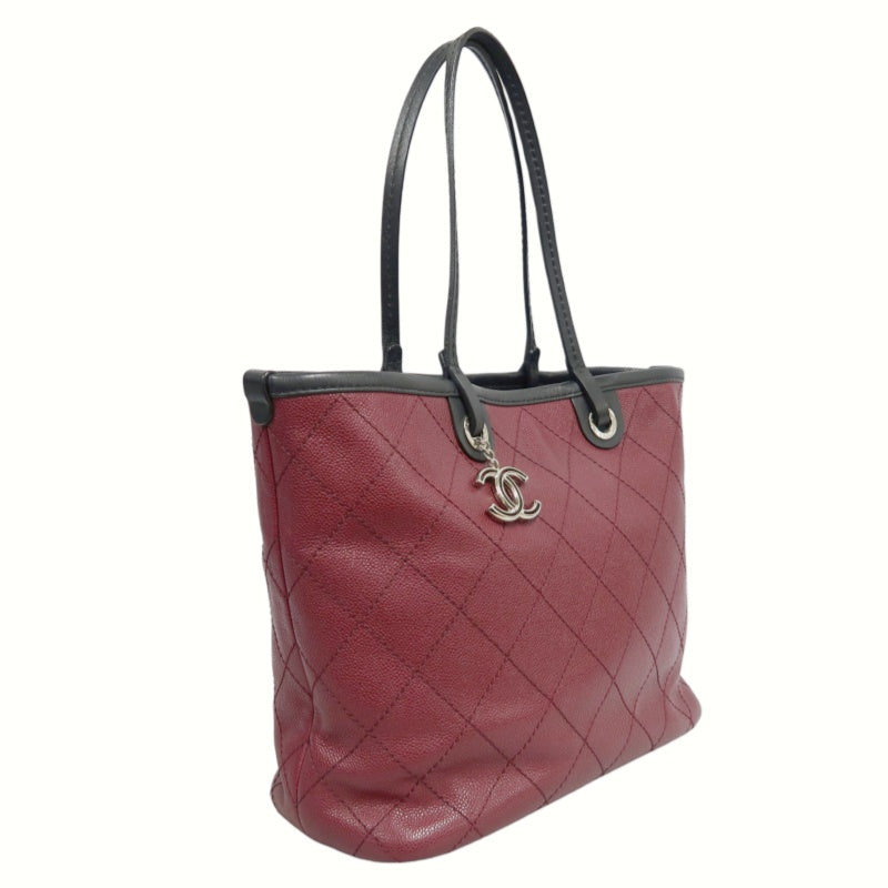 CHANEL Wild Stitch Caviar Leather Tote Bag Red Dark Silver-Tone Hardware