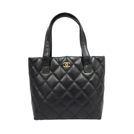CHANEL Matelasse Lambskin Tote Shoulder Bag Black Gold-Tone Hardware