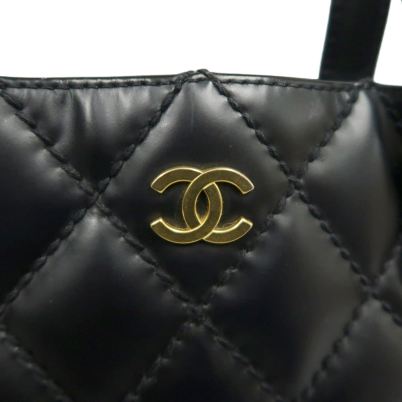 CHANEL Matelassé Lambskin Tote Shoulder Bag Black Gold-Tone Hardware
