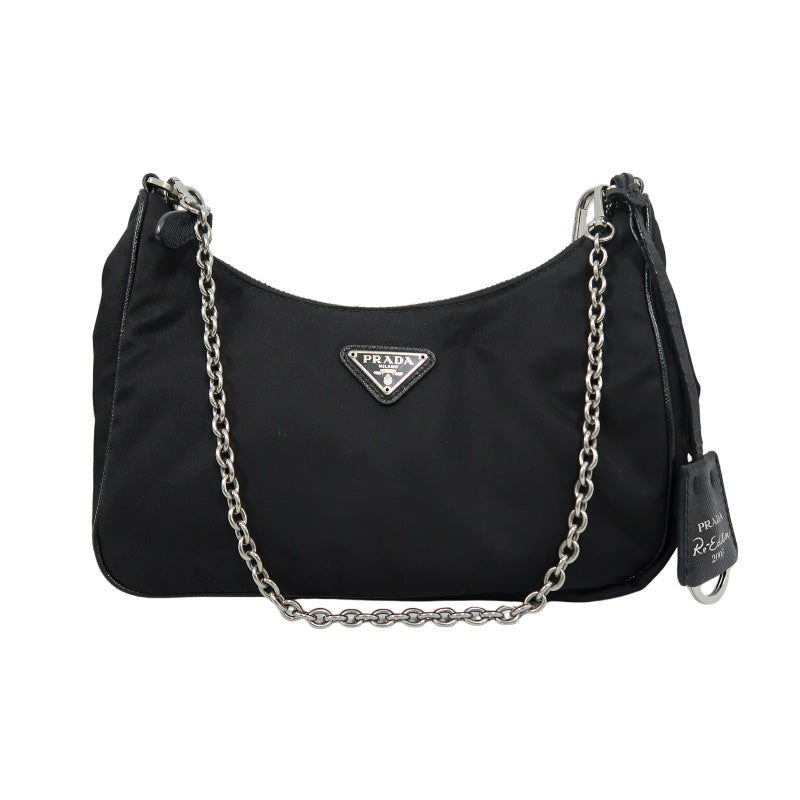 PRADA Nylon Shoulder Bag Black Silver-Tone Hardware with Pouch