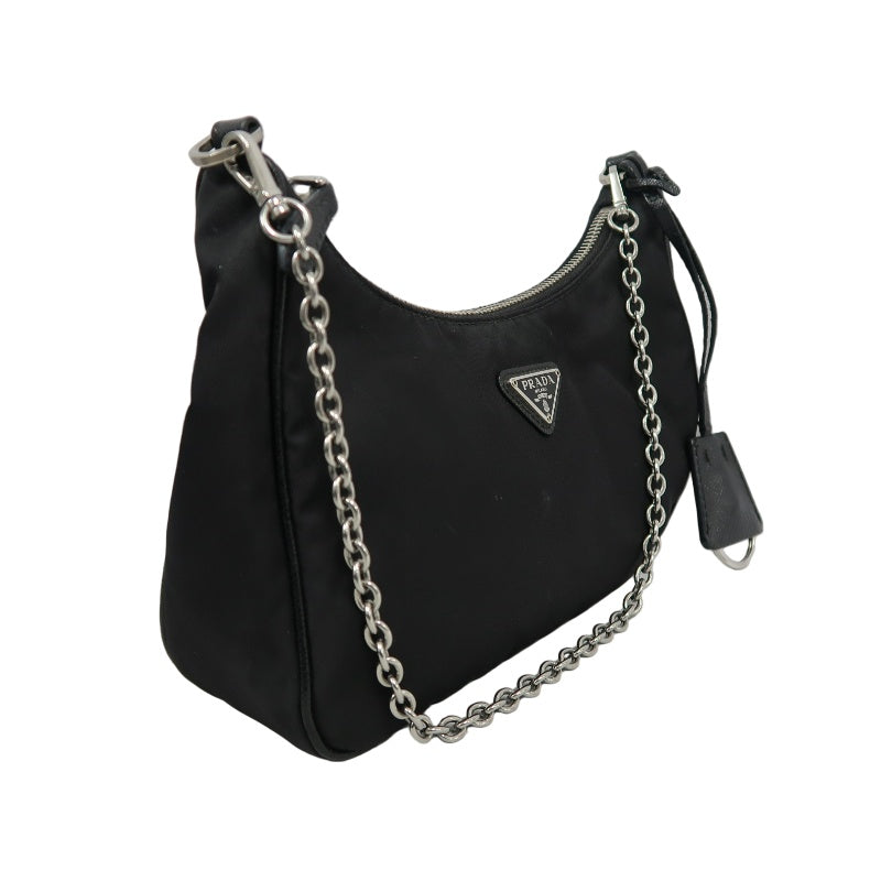 PRADA Nylon Shoulder Bag Black Silver-Tone Hardware with Pouch