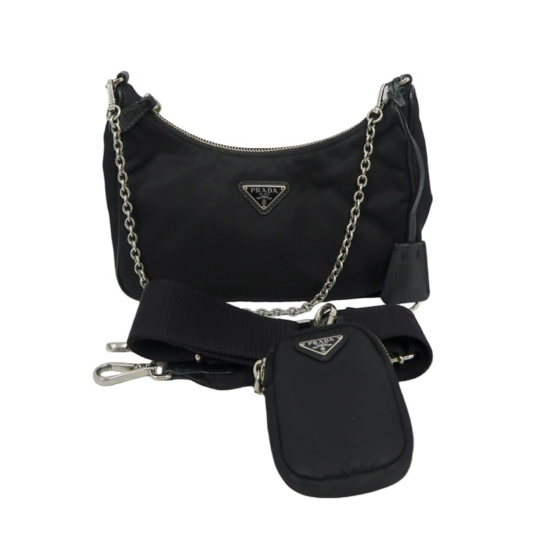 PRADA Nylon Shoulder Bag Black Silver-Tone Hardware with Pouch