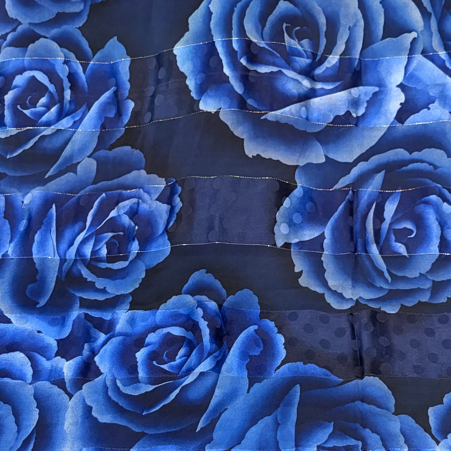HANAE MORI Rose Print Chiffon Shawl Navy/Blue Sheer