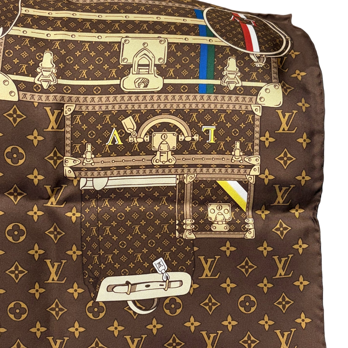 LOUIS VUITTON Monogram Trunk Luggage Full Print 100% Pure Silk Scarf Brown Classic LV Pattern Vintage Travel Theme Rare Collectible Accessory Included Original Gift Box
