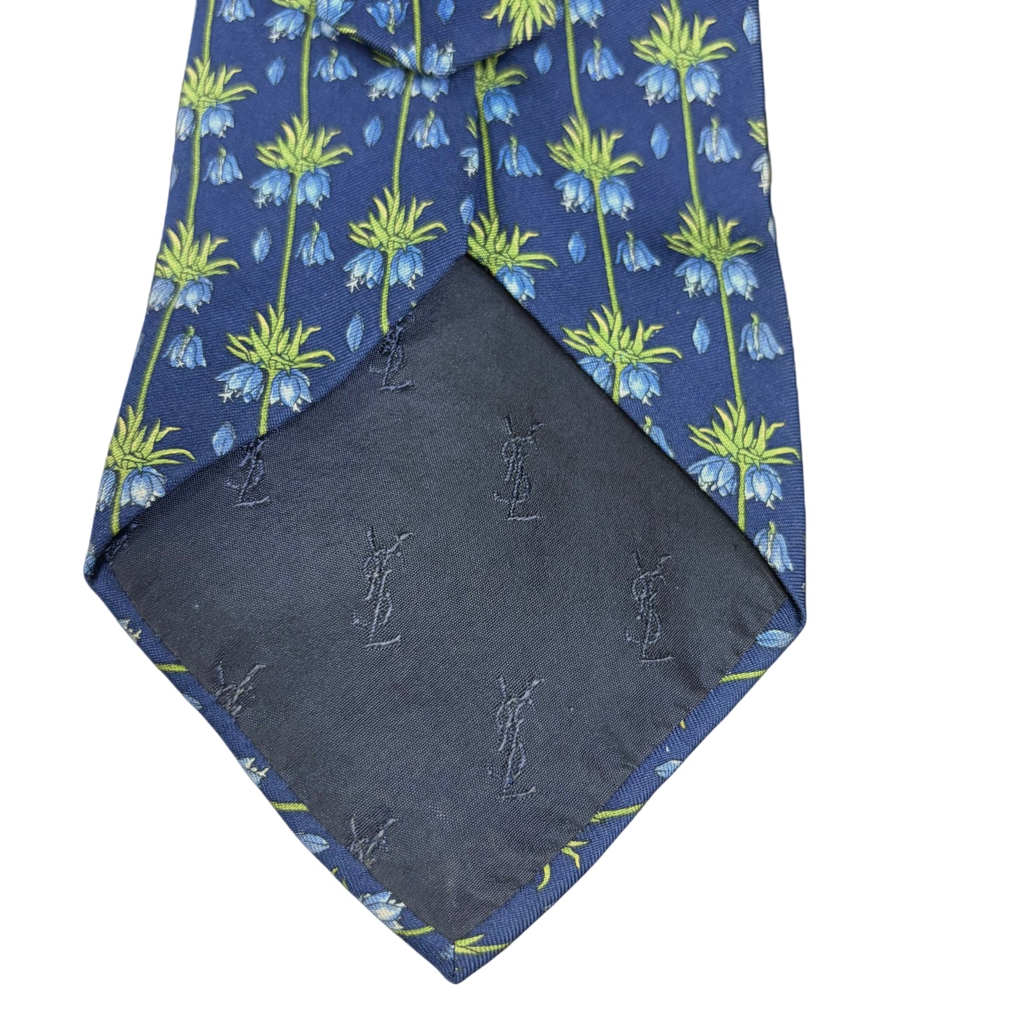 YSL  Floral Print Silk Tie Navy Blue