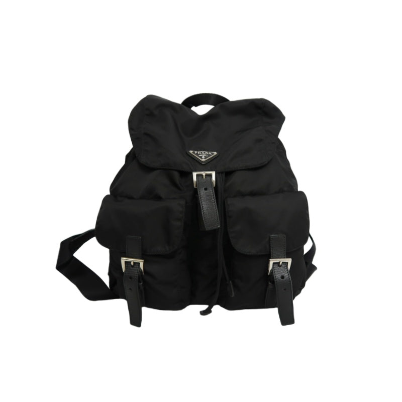 PRADA Flap Drawstring Backpack Nylon Black Silver Hardware