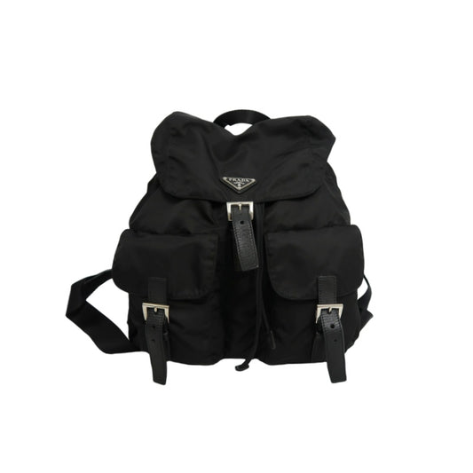 PRADA Flap Drawstring Backpack Nylon Black Silver Hardware