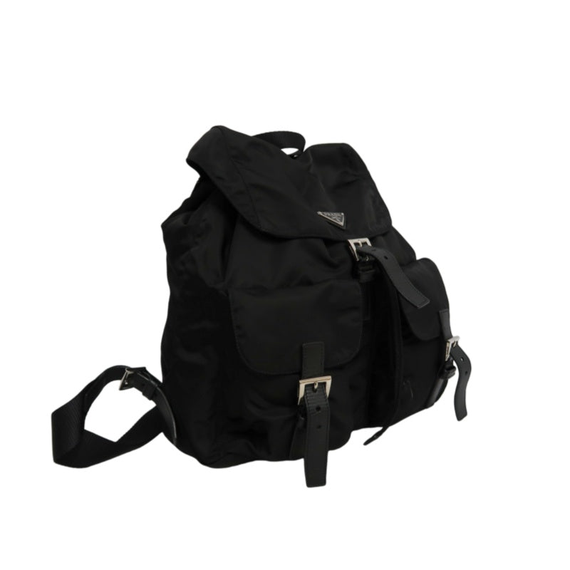 PRADA Flap Drawstring Backpack Nylon Black Silver Hardware