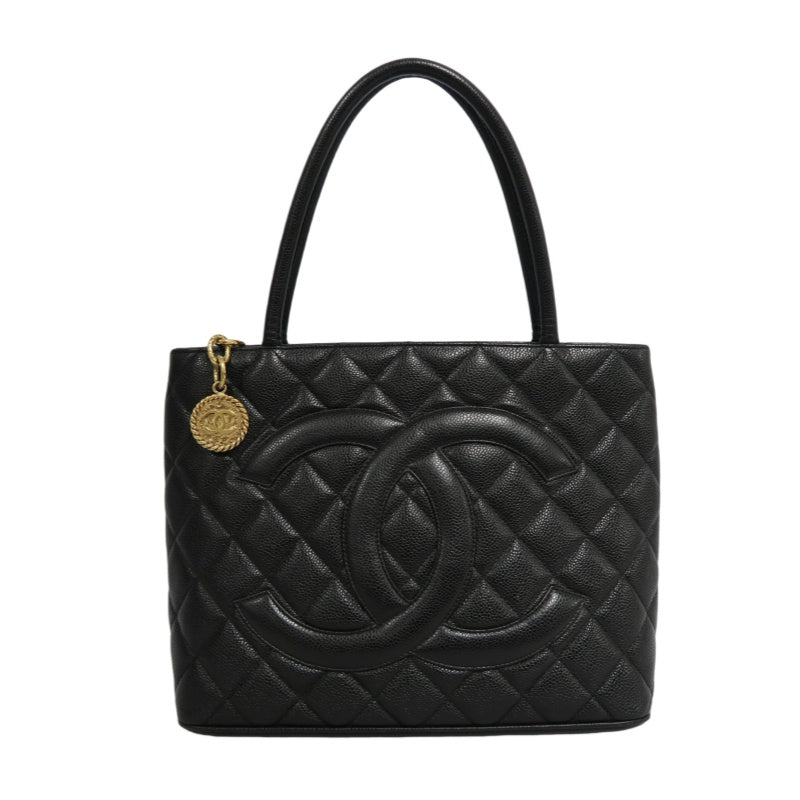 CHANEL Vintage Caviar Leather Hilton Tote Bag Black Gold Hardware With Gold Tag