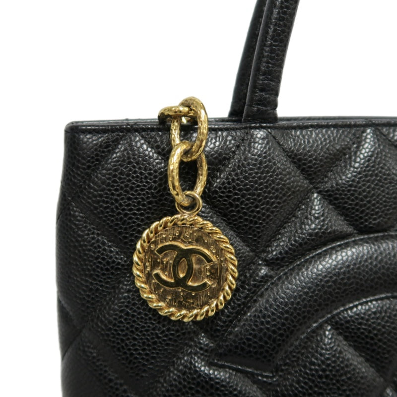 CHANEL Vintage Caviar Leather Hilton Tote Bag Black Gold Hardware With Gold Tag