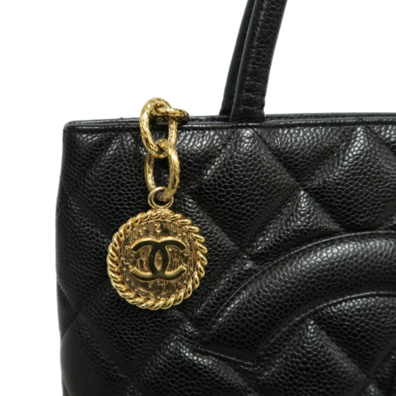 CHANEL Vintage Caviar Leather Hilton Tote Bag Black Gold Hardware With Gold Tag