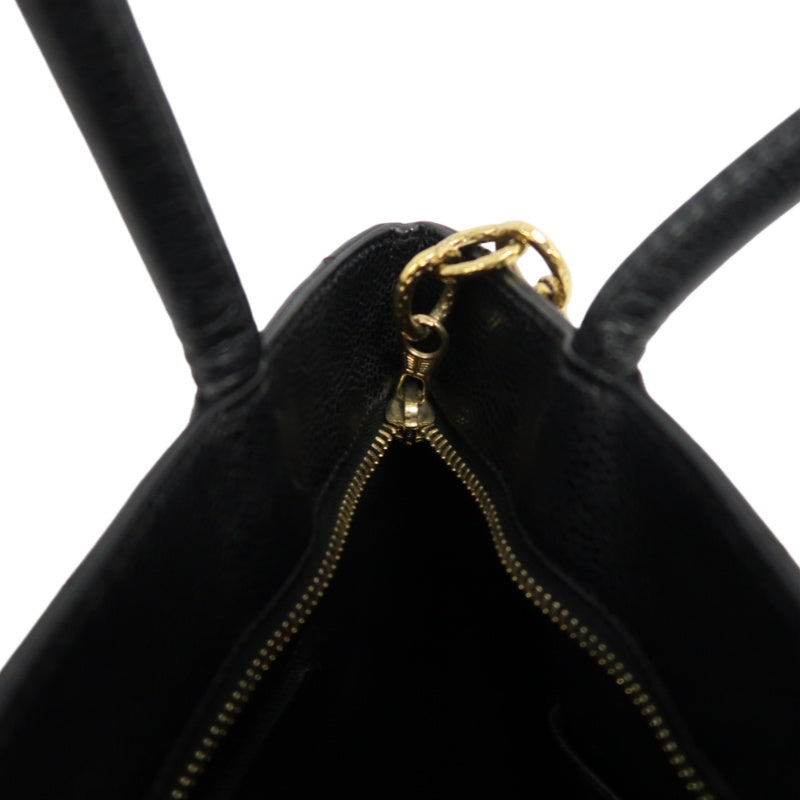 CHANEL Vintage Caviar Leather Hilton Tote Bag Black Gold Hardware With Gold Tag